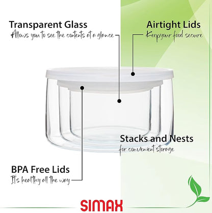Simax Round Glass Containers With Lids: Airtight Borosilicate Meal Prep Containers 3 Pcs