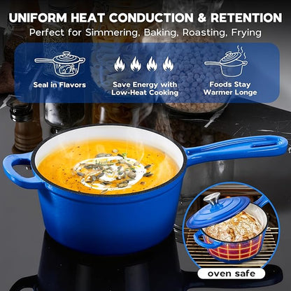 Onader 1QT & 2QT Saucepan Set with Lid, Enameled Cast Iron Sauce Pan Pot, Small Dutch Oven Cooking Kitchen Pot, Nonstick & Heavy Duty, Induction Compatible – Deep Blue