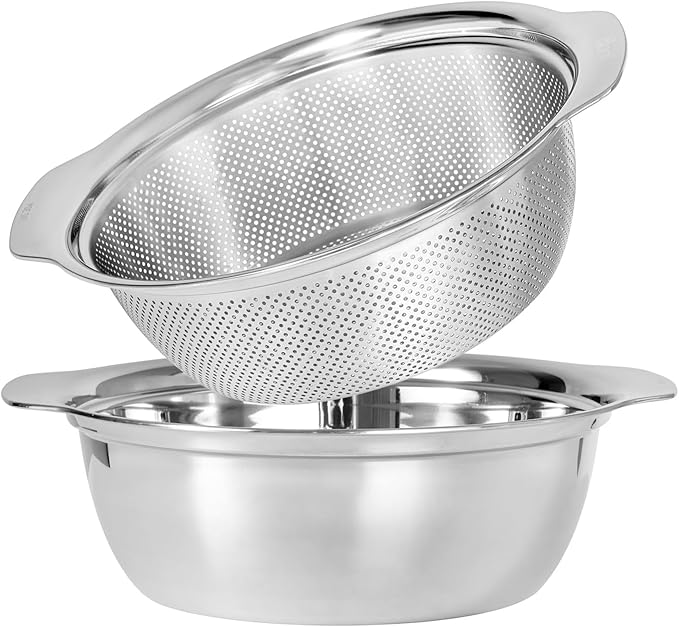Paoli 304 Stainless Steel Fine Mesh Colander Set, 4QT Large Capacity Strainer with Mixing Bowl — Rinse Fruits, Veggies, Rice & Drain Pasta, Dishwasher Safe (2-Piece)