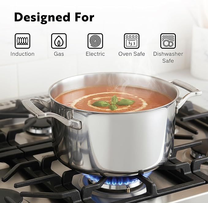 10-Piece Triply Stainless Steel Cookware Set - Fully Clad Pots and Pans Set with 8 Qt Pasta Pot, Saute, Saucepan, Frying Pan - Non Toxic Cookware - Induction, Dishwasher & Oven Safe