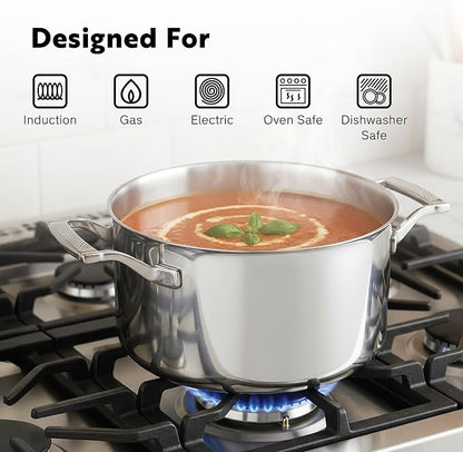 10-Piece Triply Stainless Steel Cookware Set - Fully Clad Pots and Pans Set with 8 Qt Pasta Pot, Saute, Saucepan, Frying Pan - Non Toxic Cookware - Induction, Dishwasher & Oven Safe