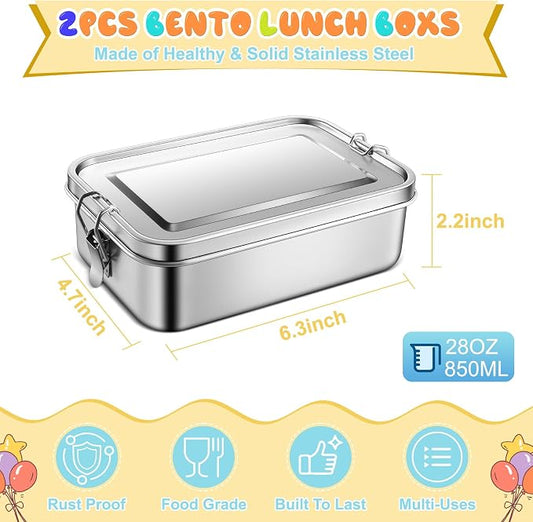 TeamFar Stainless Steel Bento Box, 2 Pack 28oz/850ml Metal Lunch Box with 3 Compartments for Adults Kids, Small Lunch Food Containers for School/Work/Meal Prep, Leak-Proof & Dishwasher Safe