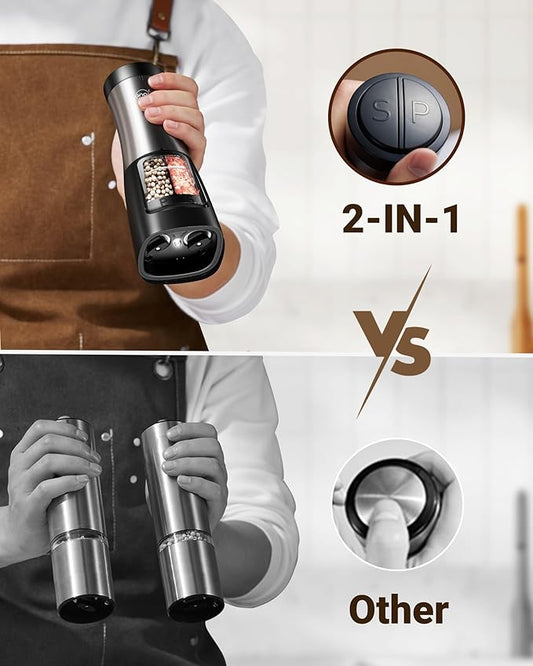 Sangcon 2-in-1 Rechargeable Salt and Pepper Grinder, USB-C Charging Base, One-Handed Automatic Grinder with Adjustable Coarseness & Light, Dual-Chamber Refillable Mill, Housewarming Gifts for Cooks