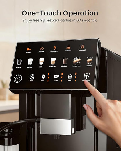 Fully Automatic Espresso Machine with Grinder, 20 Bar Coffee Maker with Milk Frother, Touchscreen Espresso Machine for Cappuccino, Latte & Americano, 15 Grind Settings, Self-Cleaning (Black)