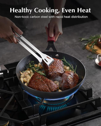 Carbon Steel Pan, 10 Inch Nonstick Frying Pan Skillet, Pre-Seasoned Carbon Steel Cookware with Removable Silicone Handle Holder, Indoor/Outdoor, Induction & Oven Safe