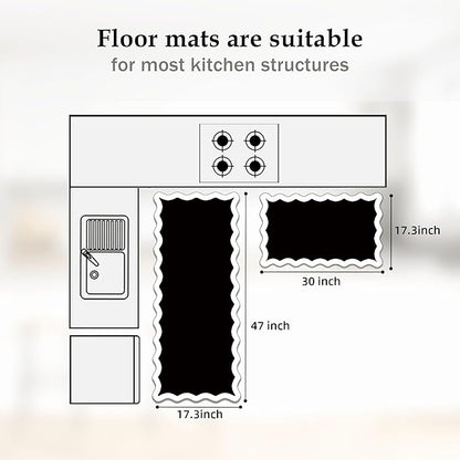 Arenarug Scalloped Black White Kitchen Mats Rugs Sets of 2 Cushioned Anti Fatigue Floor Mat Waterproof Kitchen Rugs Non Slip Foam Comfort Standing Mat for Sink Laundry