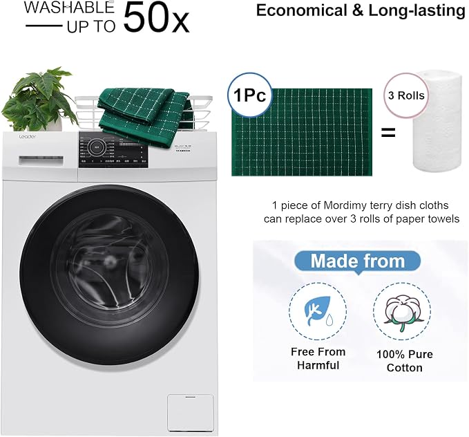 Mordimy 100% Cotton Terrycloth Kitchen Towels and Dishcloths Sets, Soft and Absorbent Checkered Dish Towels, Quick Drying Dish Rags for Washing Dishes, 4 Pack 16" x 26" & 4 Pack 12" x 12", Dark Green