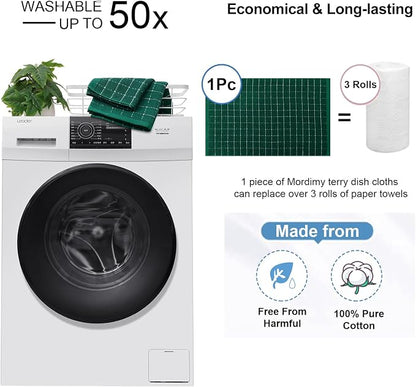 Mordimy 100% Cotton Terrycloth Kitchen Towels and Dishcloths Sets, Soft and Absorbent Checkered Dish Towels, Quick Drying Dish Rags for Washing Dishes, 4 Pack 16" x 26" & 4 Pack 12" x 12", Dark Green