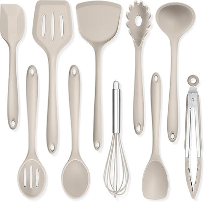 TeamFar Kitchen Cooking Utensils, 10 pcs Silicone Cooking Utensils Set, 446°F Heat Resistant Kitchen Gadgets Tools Set w/Spatula, Turners, Spoons, Soup Ladle, Pasta Server for Nonstick Cookware, Khaki