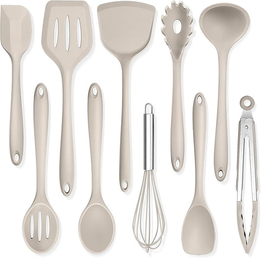 TeamFar Kitchen Cooking Utensils, 10 pcs Silicone Cooking Utensils Set, 446°F Heat Resistant Kitchen Gadgets Tools Set w/Spatula, Turners, Spoons, Soup Ladle, Pasta Server for Nonstick Cookware, Khaki