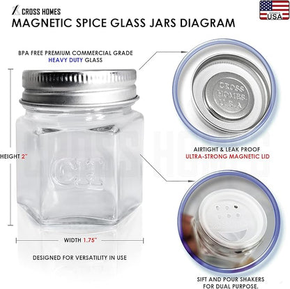 30 Set Magnetic Spice Jars for Refrigerator Hexagon Glass Spice Jars with Magnetic Lids, Shaker, Spice Labels, Magnetic Glass Spice Containers for RV Travel Trailer Kitchen Fridge Cabinet Wall mount