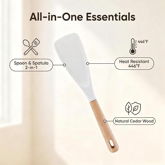 Cooking Spoon for Nonstick Cookwares,Cedar and Ash Spoon, Multifunction Spatula Cooking Spoon, Perfect Silicone Spoon for Mixing, Scoop, and Scrape(White)