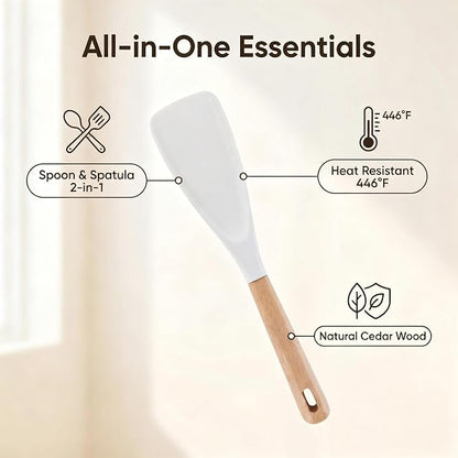 Cooking Spoon for Nonstick Cookwares,Cedar and Ash Spoon, Multifunction Spatula Cooking Spoon, Perfect Silicone Spoon for Mixing, Scoop, and Scrape(White)