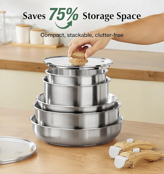 KOCH SYSTEME CS Stainless Steel Cookware Set, 18/10 Stainless Steel Pots and Pans Set 11PCS, Detachable Handle Pots and Pans for Easy Storage, Removable Handle Cooking Set, Induction Compatible