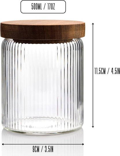 Mason & Fable Ribbed Glass Jar with Wooden Lid 17oz, Set of 3 | Airtight Fluted Storage Canisters for Food, Tea, Coffee, Candy/Spice | Organization Canisters for Home & Kitchen