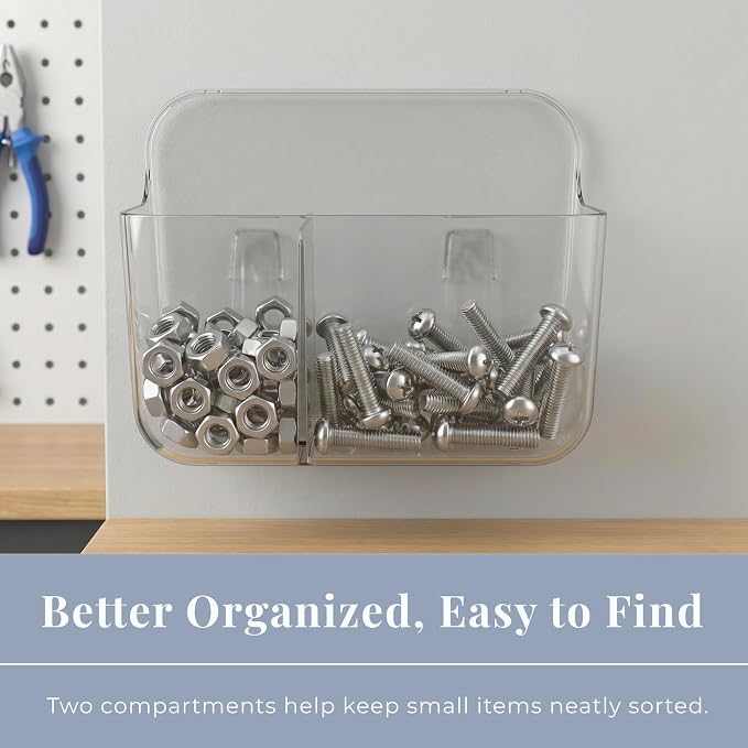 No-Drill Wall Storage Basket – 2-Compartment Clear Acrylic Organizer Bin with Strong Adhesive, Easy to Install & Remove, Waterproof Shelf for Kitchen, Bathroom, Cabinet – Sandra Series