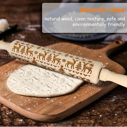 Embossed Wooden Rolling Pin, 3D Engraved Snowflake Elk Deer Laser Engraved DIY Tool for Kids and Adults to Make Cookie Dough Crusts Pies Pastry
