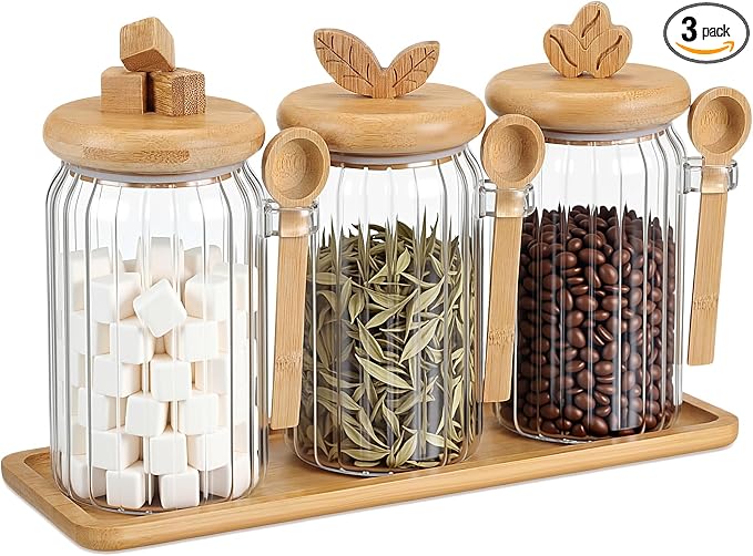 Suclain 3 Pcs Glass Coffee Container with Bamboo Color Lid & Spoon, 25 oz Airtight Glass Jar with Wooden Shelf, Food Storage Containers Coffee Jar Tea Container(Bamboo Color)