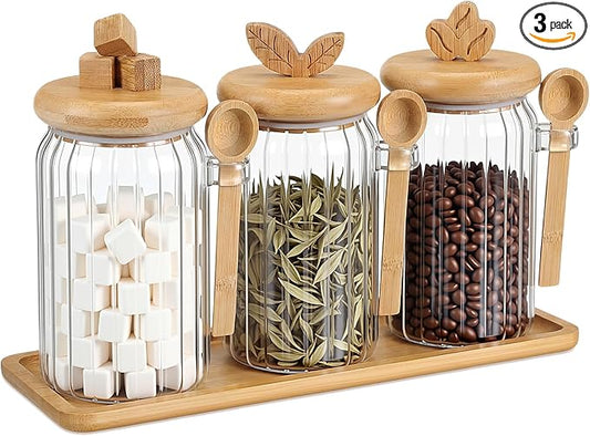 Suclain 3 Pcs Glass Coffee Container with Bamboo Color Lid & Spoon, 25 oz Airtight Glass Jar with Wooden Shelf, Food Storage Containers Coffee Jar Tea Container(Bamboo Color)