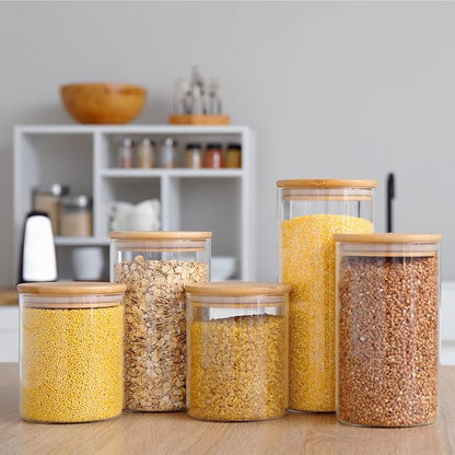 Qinyoung Glass Storage Jars with Wooden Lids, 4 Sizes Food Storage Containers Clear Stackable Canisters Airtight Glass Jars for Candy Cookie (Clear, Light Brown, 15oz 25oz 34oz 42oz, 12 Pcs)