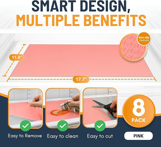 Refrigerator Liners for Shelves (8 Pack) by Linda’s Essentials - Non-Adhesive Shelf or Drawer Liner, BPA-Free Fridge Mats for Kitchen & Cabinets, Easy to Clean, Ideal Household Essentials (Pink)
