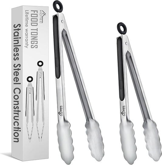 Hotec Stainless Steel Kitchen Tongs, Set of 2-9" and 12", Locking Metal Food Tongs for Cooking, Serving, BBQ, Grill Non-Slip Grip