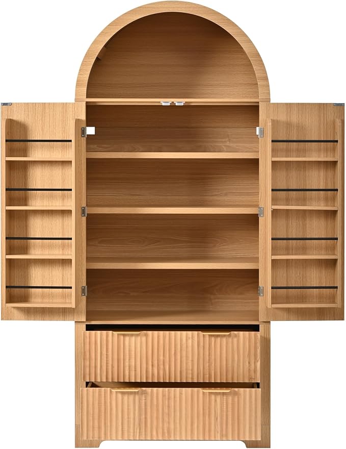 72" Tall Arched Kitchen Pantry Cabinet with 2 Drawers, Mid Century Modern Fluted Storage Cabinet with 8 Adjustable Door Shelves, Wooden Cupboard Organizer for Kitchens, Living Room (Natural-6.3)