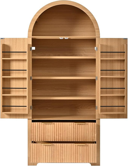 72" Tall Arched Kitchen Pantry Cabinet with 2 Drawers, Mid Century Modern Fluted Storage Cabinet with 8 Adjustable Door Shelves, Wooden Cupboard Organizer for Kitchens, Living Room (Natural-6.3)
