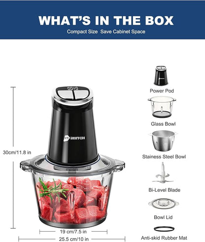 IRIITCH Food Processor with LED Timer, 800W Electric Chopper with 2 Bowls (12-cups Glass Bowl+12 cups Stainless Steel Bowl), 2 Set 6 Bi-Level S-Blades, Meat Grinder for Nuts, Onion, Garlic, Baby Food