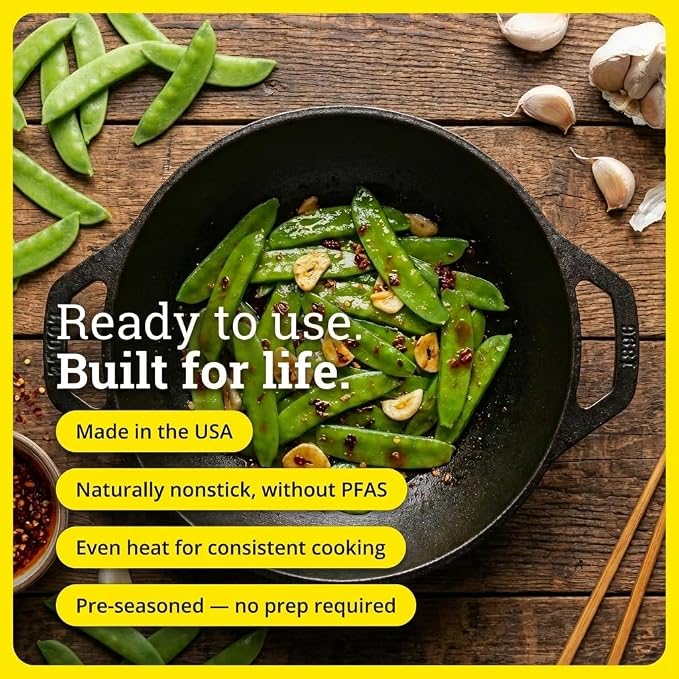 Lodge 9 Inch Cast Iron Mini Wok with Dual Loop Handles – PFAS FREE Pre-Seasoned Small Stir Fry Pan – Stovetop & Oven Safe Heavy Duty High-Heat Retention Pan – Made in USA