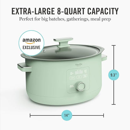 Martha Stewart 8 Quart Slow Cooker, Ceramic Nonstick Removable Bowl, Programmable with Timer, Stovetop & Oven Safe, 3 Temperature Settings, Simmer, Reheat, Warm, Glass Lid, Cool Touch Handles,Honeydew
