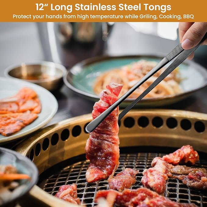 GEEKHOM 4-Piece 12 & 10-Inch Cooking Tongs: Professional Stainless Steel Scissor Tongs Set with Non-Slip Grip (Black)