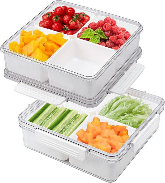 2Pack Divided Veggie Tray with Lid Snackle Box Serving Container Salad Keeper with 4 Removable Boxes Stackable Refrigerator Organizer Bins Produce Saver for Meal Prep Fruit
