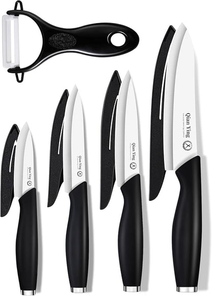 Ceramic Knife Set for Kitchen with Sheath: 100% Zirconia Pure Ceramic Sharp Blade Fruit Cutting Knives 9Pcs with Cover Rustproof Clean Cut Edge Black Handle, No Scratches on Titanium Cutting Boards