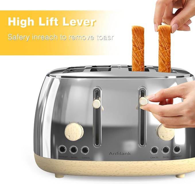 Anfilank Toaster 4 Slice,Retro Stainless Steel Toaster with Extra Wide Slots, Dual Independent Control Panel, Cancel, Bagel, Defrost Function, Removable Crumb Tray (Silver)