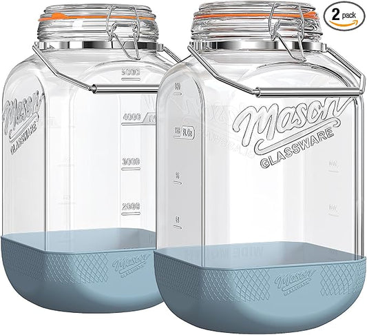 [NEW] 2 Pack Square 1.5 Gallon Glass Jar with Hinged Airtight Lid, Large Mason Jars Wide Mouth with Handle, Glass Storage Containers with Non-slip Base for Pantry, Laundry Room, Flour, Rice, Dog Treat