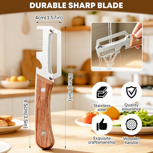 Left & Right Hand Vegetable Peeler Set with Scallion Slicer & Bottle Opener, Heavy-Duty Thick Stainless Steel Blade, Multi-Function Kitchen Peeler with Wooden Handle for Fruits & Vegetables(New 2pcs)