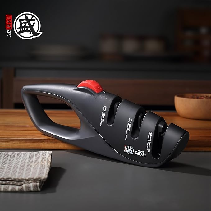 MITSUMOTO SAKARI 3-Stage Adjustable Kitchen Knife Sharpener, Scissors Slot | 12°-22° angle guide, coarse and fine slots, scissors slot, ceramic and carbide abrasives for knives and shears