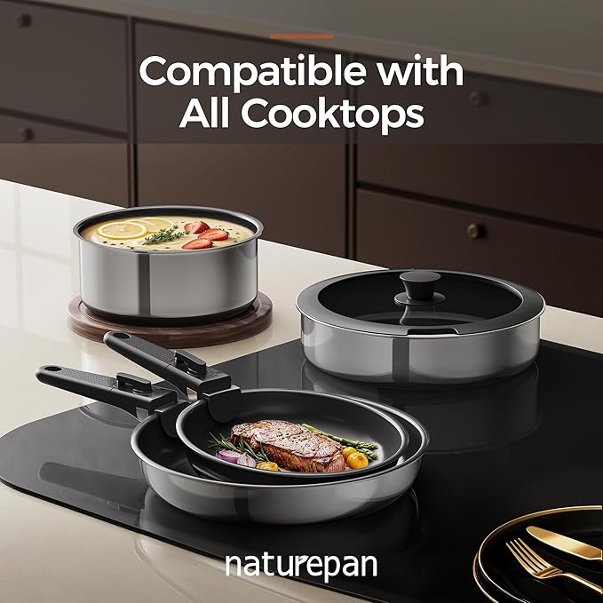 5PCS Pots and Pans Set Non Stick, Diamond-Titanium Ceramic Cookware Set & 3 Layer Stainless Steel with Detachable Handle, Induction Cookware, Non Toxic Oven/Dishwasher Safe, Black