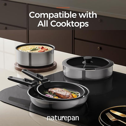 5PCS Pots and Pans Set Non Stick, Diamond-Titanium Ceramic Cookware Set & 3 Layer Stainless Steel with Detachable Handle, Induction Cookware, Non Toxic Oven/Dishwasher Safe, Black