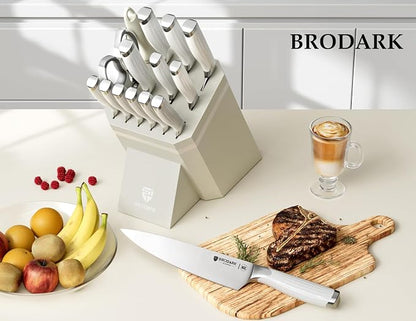 BRODARK White Knife Set with Block, 15-Piece German Stainless Steel Kitchen Knife Set with Sharpener, Ultra Sharp Full Tang Blades, Modern Luxury Knives for Everyday Cooking & Gifts