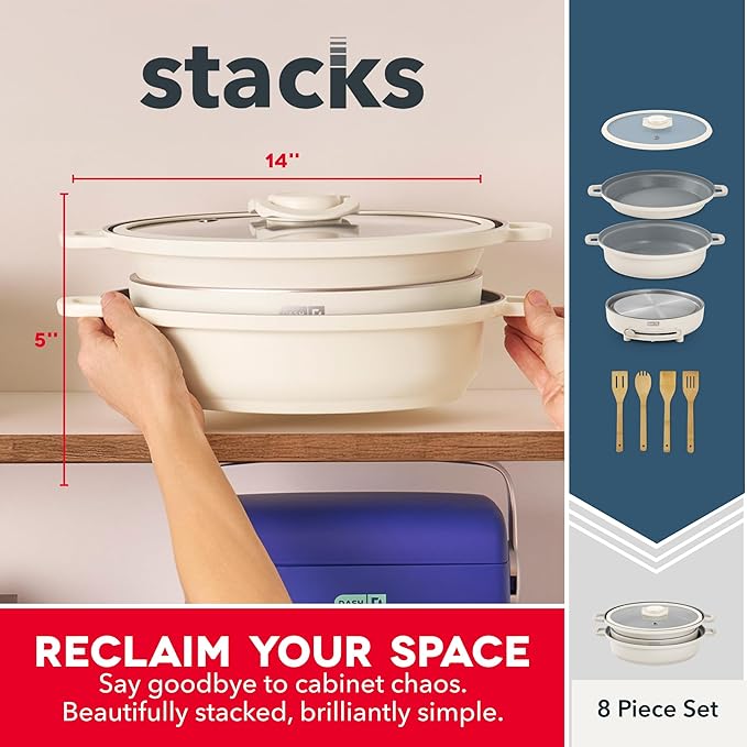 Dash Stacks Stacking Cookware Set with Electric Burner - Features CleanCoating™ Ceramic Nonstick Coating - Versatile, Nestable Pieces - Convenient Storage - Cream, 8-Piece