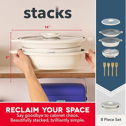 Dash Stacks Stacking Cookware Set with Electric Burner - Features CleanCoating™ Ceramic Nonstick Coating - Versatile, Nestable Pieces - Convenient Storage - Cream, 8-Piece