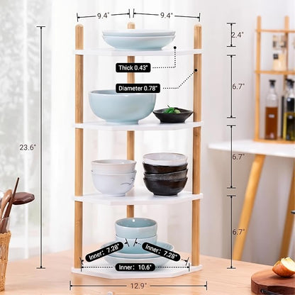 4-Tier Expandable Bamboo Corner Shelf - Dish/Plate Organizer for Cabinet, Kitchen Counter Shelf & Small Kitchen Shelf, Adjustable (White, 1-Pc 4-Tier)
