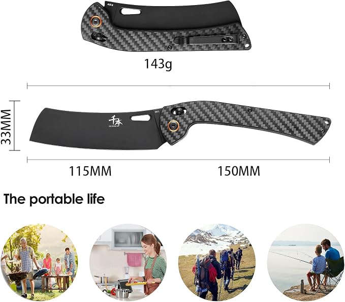 SENBON foldable chef's knife, AUS-8 stainless steel with black titanium plating, carbon fiber handle with back clip, portable outdoor folding fruit knife