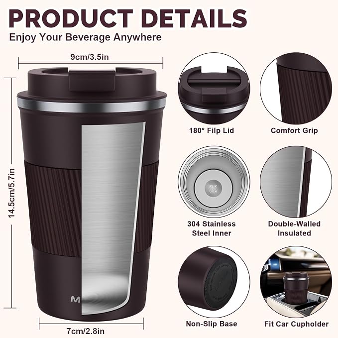 MOMSIV 12oz Travel Mug, Insulated Coffee Cup with Leakproof Lid, Vacuum Stainless Steel Double Walled Reusable Tumbler for Hot and Cold Water Coffee and Tea In Travel and Car (Brown)