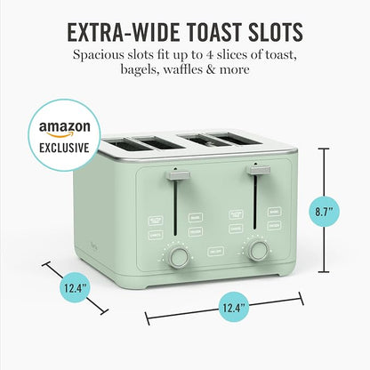 Martha Stewart 4 Slice Toaster, 10 Shade Settings with Defrost, Cancel, Bagel & Gluten-Free, Extra-Wide Self-Centering Slots for Waffles, Artisan Bread, Removable Crumb Tray, Cord Wrap,1800W, Honeydew