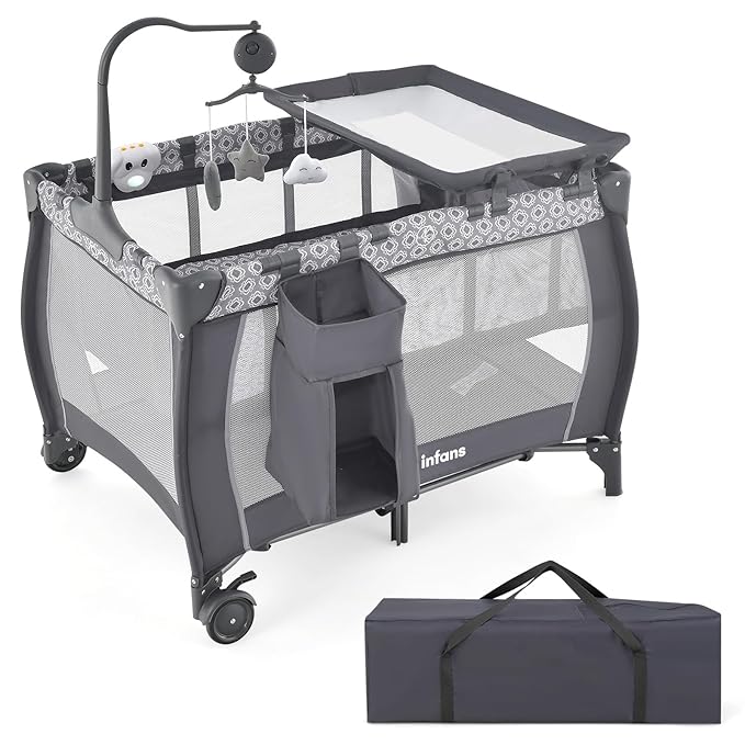 INFANS 3 in 1 Pack and Play, Portable Travel Baby Bassinet with Detachable Mattress, Changing Table, Foldable Playpen with Carry Bag, 2 Wheels (Classic)