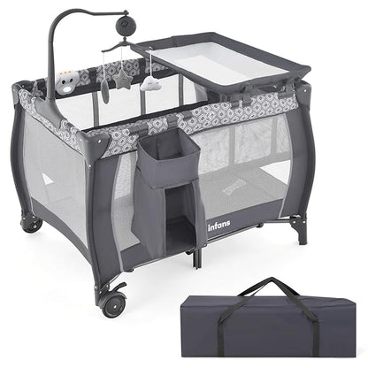 INFANS 3 in 1 Pack and Play, Portable Travel Baby Bassinet with Detachable Mattress, Changing Table, Foldable Playpen with Carry Bag, 2 Wheels (Classic)