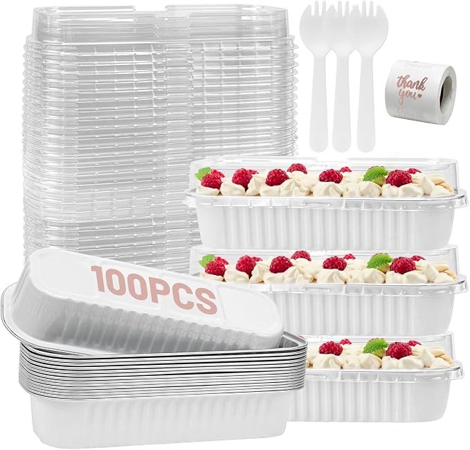 100Pack White Valentines Mini Loaf Pans with Lids and Spoons and Stickers Individual Mini Cake Pans Disposable Portable Stackable, 6.8Oz Aluminum Pans, Dessert Cups Containers for Sales,Party